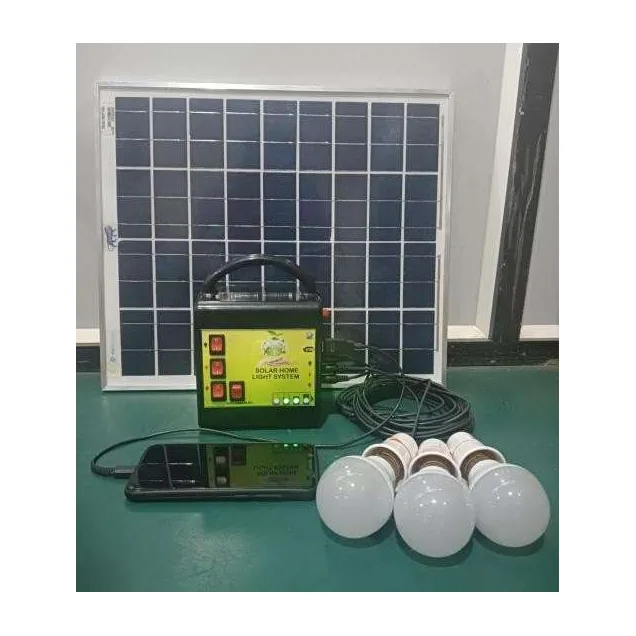 Solar home lighting kit with panel, battery box and LED bulbs